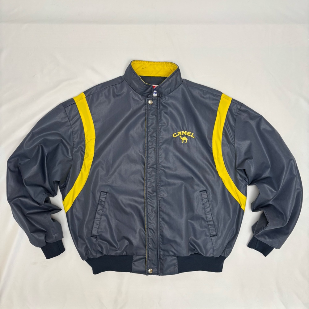 Vintage SWINGSTER Camel Varsity Jacket 80s Dark Blue Gray Men Size L USA